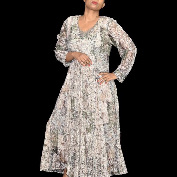 Vintage Maxi Dress Tan Lace Floral Print Bohemian Earthy 90s Hippie Size Medium - Picture 1 of 15